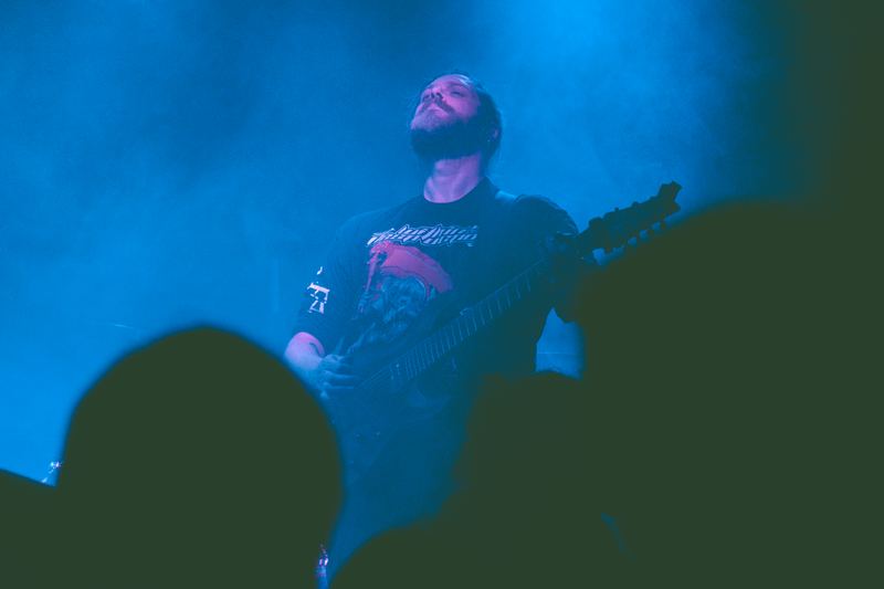 Guitarist under blue light above the silhouettes of the crowd, live show